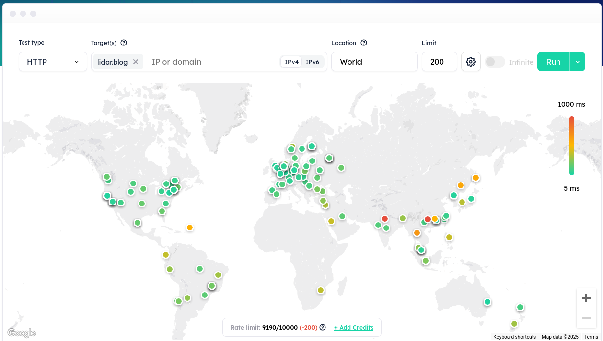 Blog latency test by globalping.io